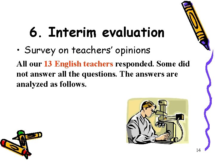 6. Interim evaluation • Survey on teachers’ opinions All our 13 English teachers responded. 6. Interim evaluation • Survey on teachers’ opinions All our 13 English teachers responded.