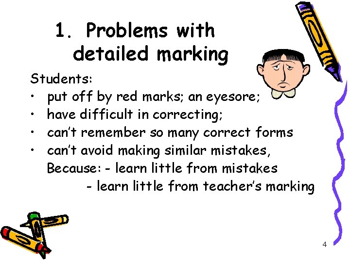 1. Problems with detailed marking Students: • put off by red marks; an eyesore; 1. Problems with detailed marking Students: • put off by red marks; an eyesore;