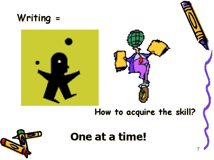 Writing = How to acquire the skill? One at a time! 7 Writing = How to acquire the skill? One at a time! 7