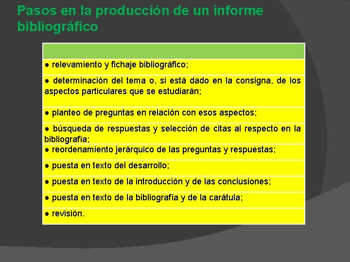 Pasos en la producción de un informe bibliográfico ● relevamiento y fichaje bibliográfico; ●