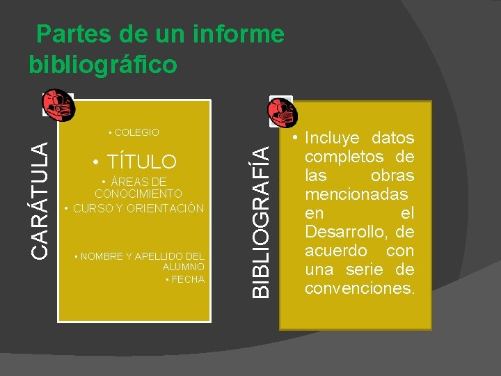 Partes de un informe bibliográfico • TÍTULO • ÁREAS DE CONOCIMIENTO • CURSO Y