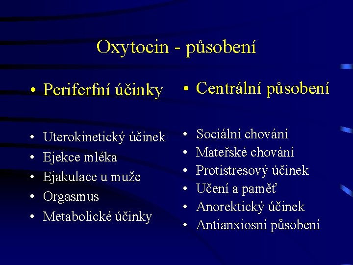 Oxytocin - působení • Periferfní účinky • Centrální působení • • • Uterokinetický účinek