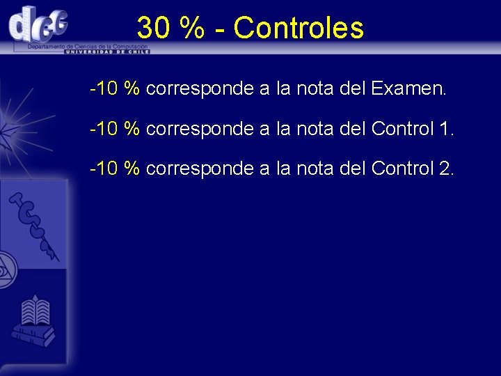 30 % - Controles -10 % corresponde a la nota del Examen. -10 %