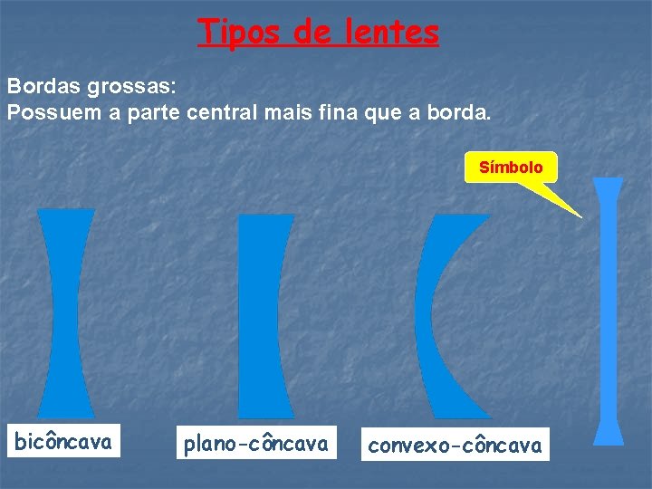 Tipos de lentes Bordas grossas: Possuem a parte central mais fina que a borda.