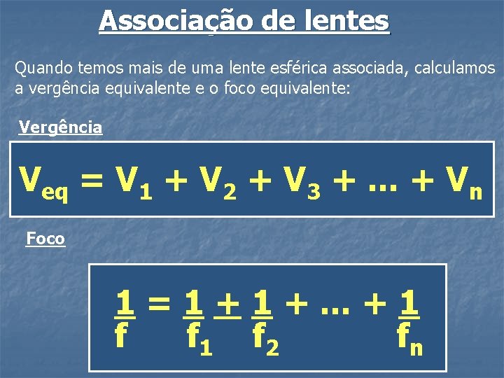 Associação de lentes Quando temos mais de uma lente esférica associada, calculamos a vergência