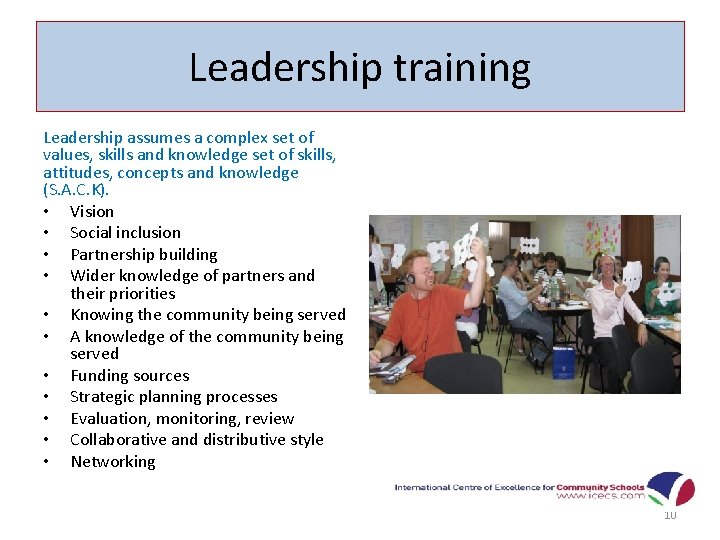 Leadership training Leadership assumes a complex set of values, skills and knowledge set of