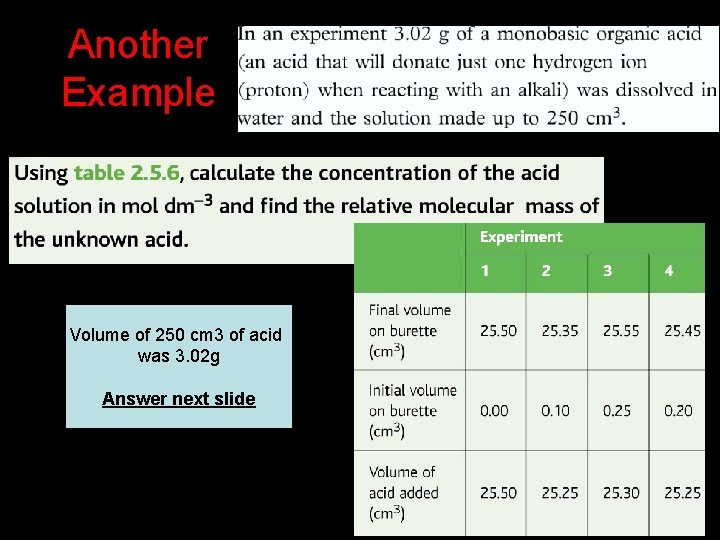 Another Example Volume of 250 cm 3 of acid was 3. 02 g Answer