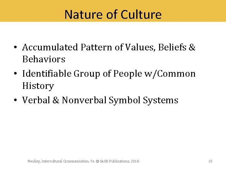 Nature of Culture • Accumulated Pattern of Values, Beliefs & Behaviors • Identifiable Group