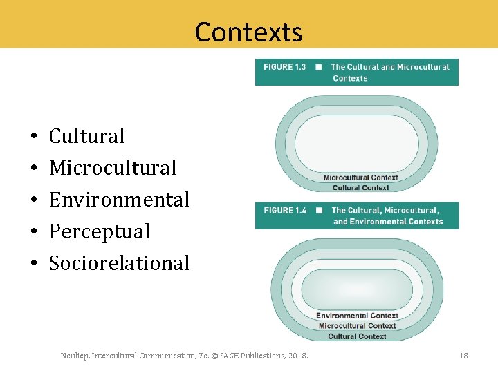 Contexts • • • Cultural Microcultural Environmental Perceptual Sociorelational Neuliep, Intercultural Communication, 7 e.