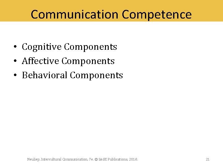 Communication Competence • Cognitive Components • Affective Components • Behavioral Components Neuliep, Intercultural Communication,