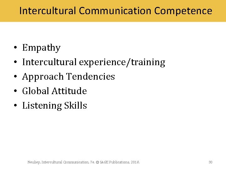 Intercultural Communication Competence • • • Empathy Intercultural experience/training Approach Tendencies Global Attitude Listening