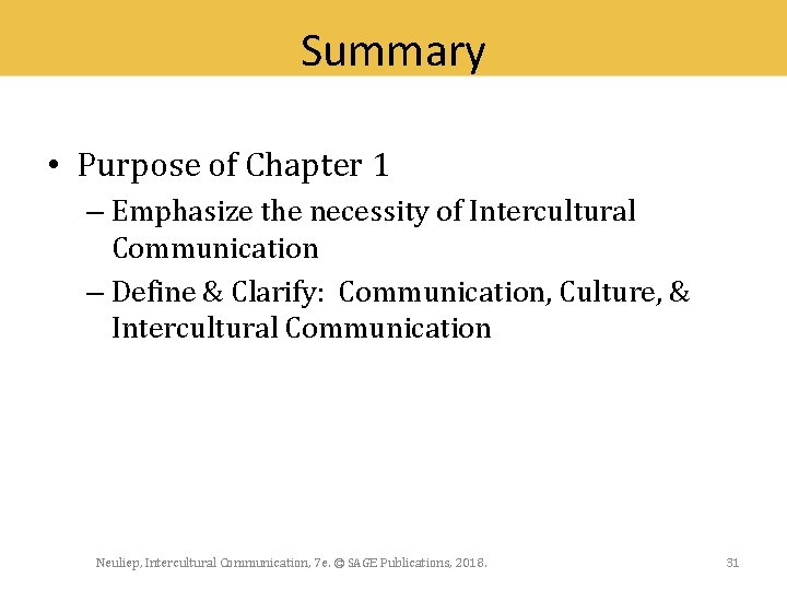 Summary • Purpose of Chapter 1 – Emphasize the necessity of Intercultural Communication –
