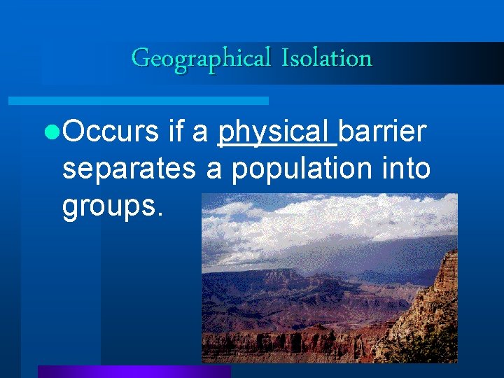 Geographical Isolation l. Occurs if a physical barrier separates a population into groups. Geographical Isolation l. Occurs if a physical barrier separates a population into groups.