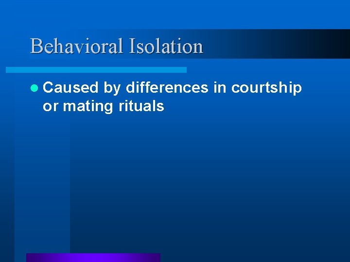 Behavioral Isolation l Caused by differences in courtship or mating rituals Behavioral Isolation l Caused by differences in courtship or mating rituals