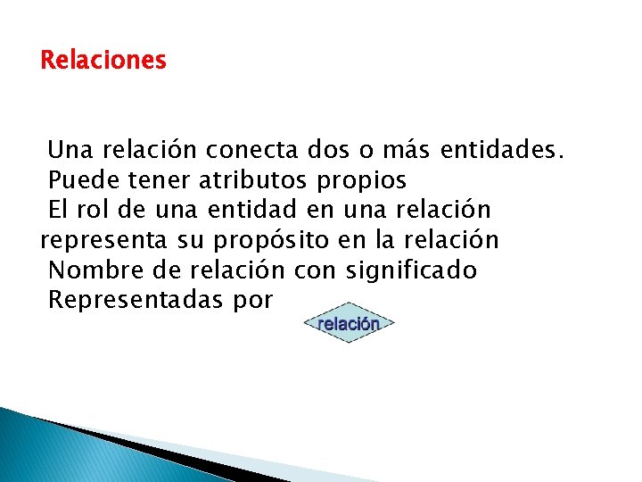 Relaciones Una relación conecta dos o más entidades. Puede tener atributos propios El rol