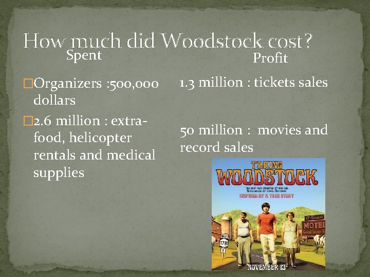 How much did Woodstock cost? Spent �Organizers : 500, 000 dollars � 2. 6