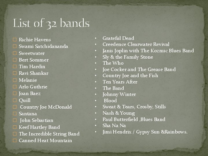 List of 32 bands � � � � Richie Havens Swami Satchidananda Sweetwater Bert