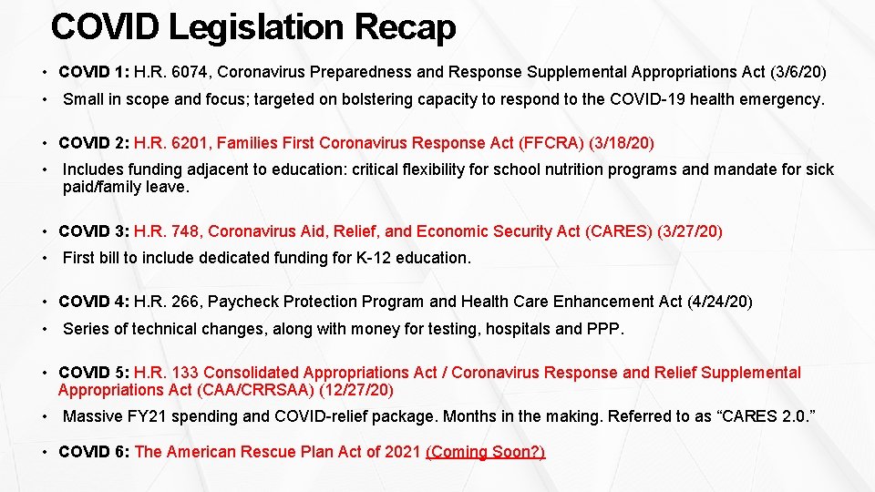 COVID Legislation Recap • COVID 1: H. R. 6074, Coronavirus Preparedness and Response Supplemental