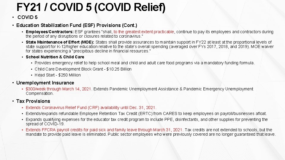 FY 21 / COVID 5 (COVID Relief) • COVID 5 • Education Stabilization Fund