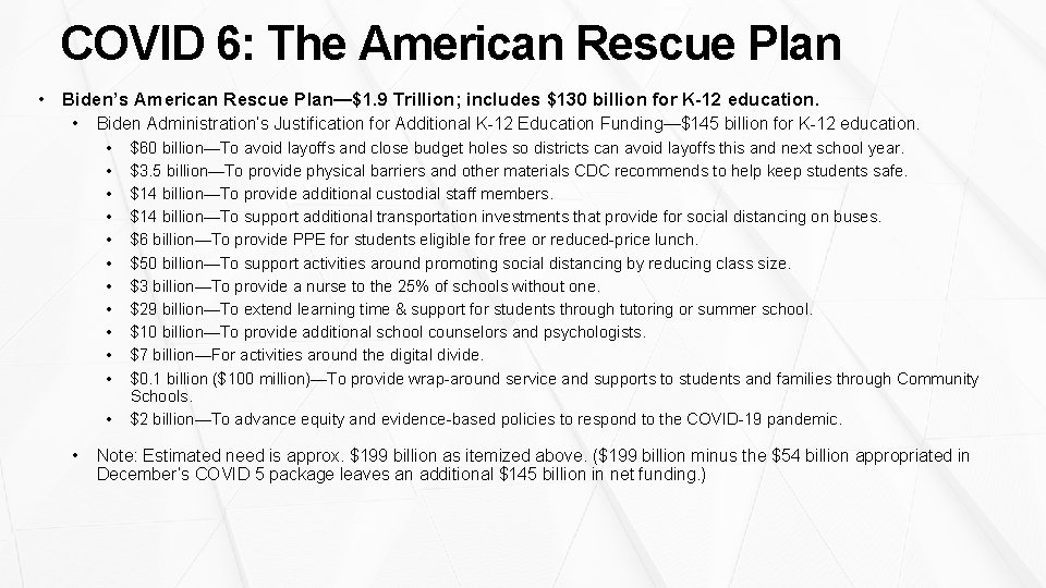 COVID 6: The American Rescue Plan • Biden’s American Rescue Plan—$1. 9 Trillion; includes