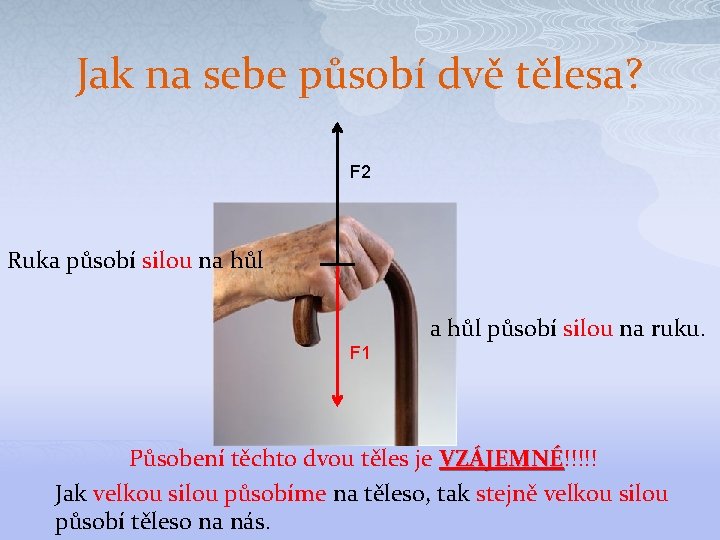 Jak na sebe působí dvě tělesa? F 2 Ruka působí silou na hůl působí