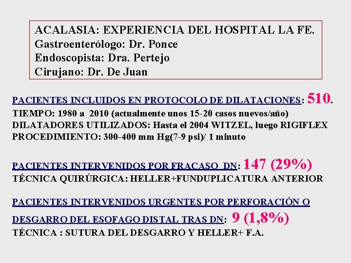 ACALASIA: EXPERIENCIA DEL HOSPITAL LA FE. Gastroenterólogo: Dr. Ponce Endoscopista: Dra. Pertejo Cirujano: Dr.