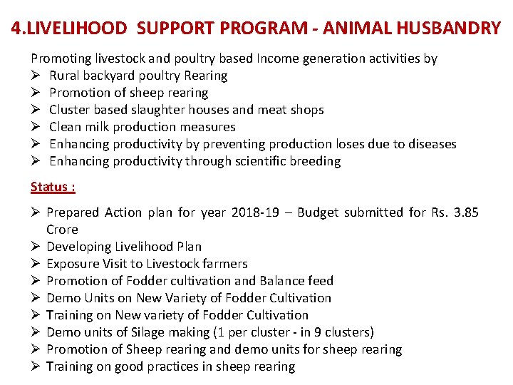 4. LIVELIHOOD SUPPORT PROGRAM - ANIMAL HUSBANDRY Promoting livestock and poultry based Income generation
