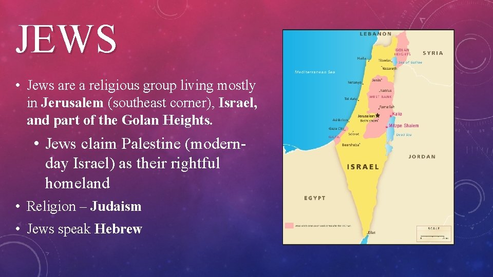 JEWS • Jews are a religious group living mostly in Jerusalem (southeast corner), Israel,