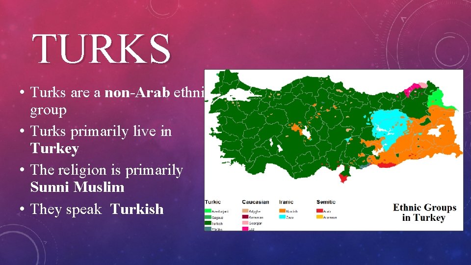 TURKS • Turks are a non-Arab ethnic group • Turks primarily live in Turkey