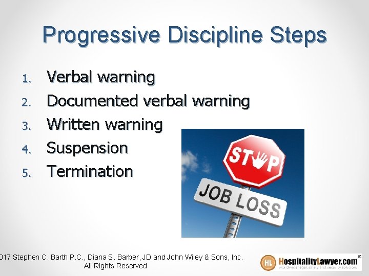 Progressive Discipline Steps 1. 2. 3. 4. 5. Verbal warning Documented verbal warning Written