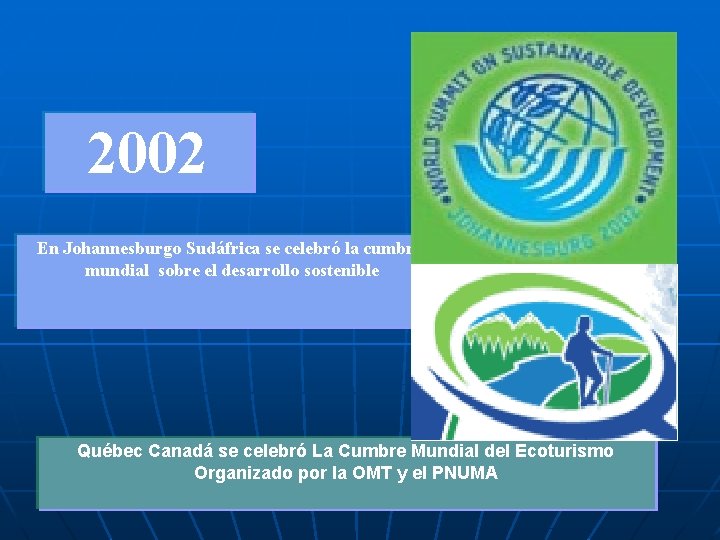 2002 En Johannesburgo Sudáfrica se celebró la cumbre mundial sobre el desarrollo sostenible Québec