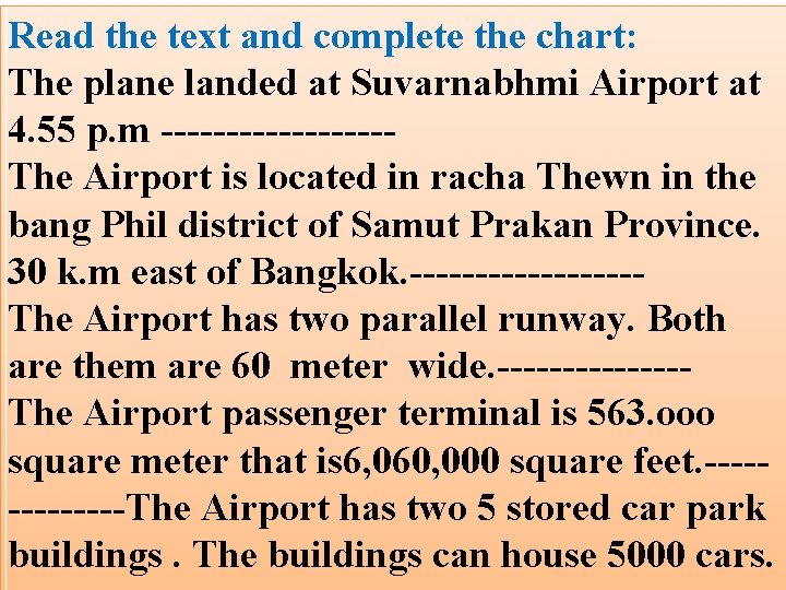 Read the text and complete the chart: The plane landed at Suvarnabhmi Airport at