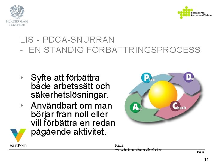 LIS - PDCA-SNURRAN - EN STÄNDIG FÖRBÄTTRINGSPROCESS • Syfte att förbättra både arbetssätt och