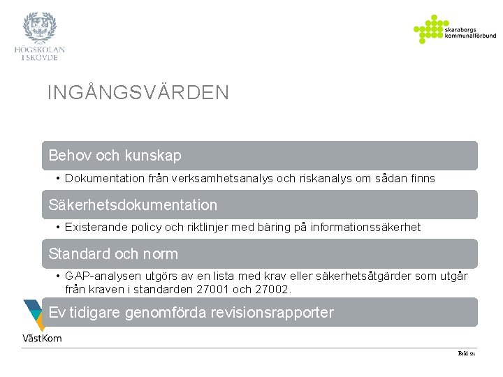 INGÅNGSVÄRDEN Behov och kunskap • Dokumentation från verksamhetsanalys och riskanalys om sådan finns Säkerhetsdokumentation