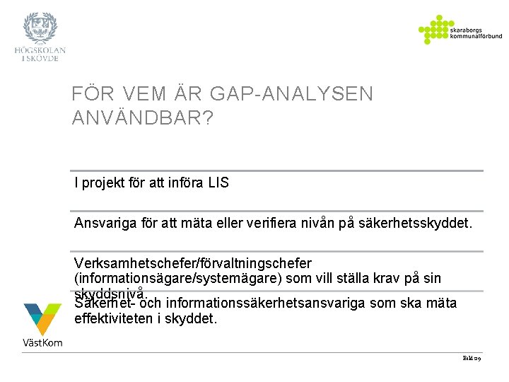 FÖR VEM ÄR GAP-ANALYSEN ANVÄNDBAR? I projekt för att införa LIS Ansvariga för att