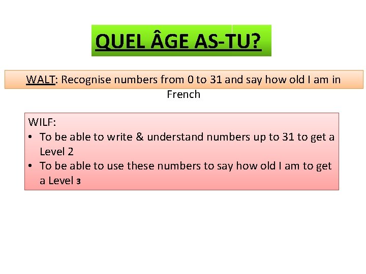 QUEL GE AS-TU? WALT: Recognise numbers from 0 to 31 and say how old