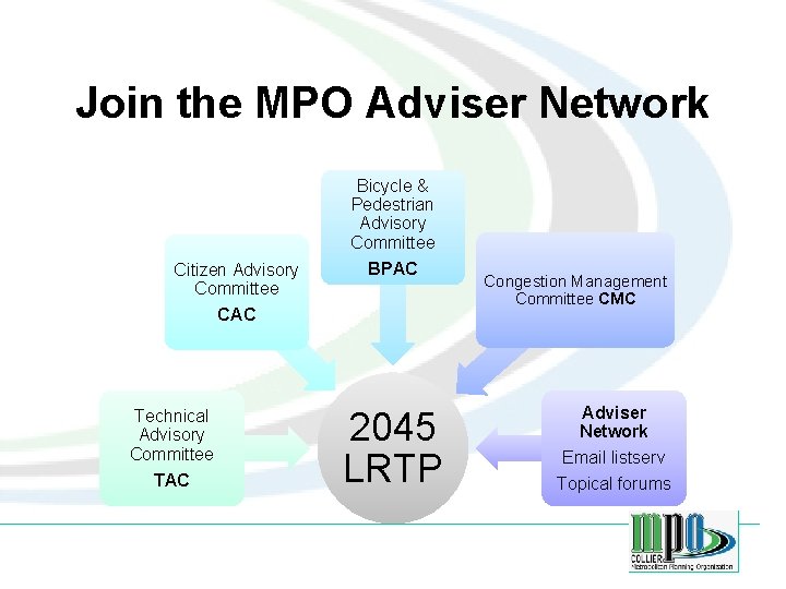 Join the MPO Adviser Network Citizen Advisory Committee Bicycle & Pedestrian Advisory Committee BPAC