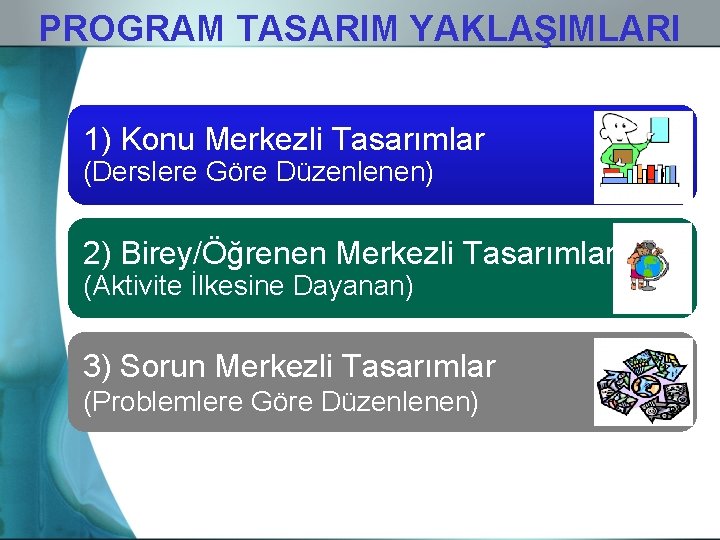 PROGRAM TASARIM YAKLAŞIMLARI 1) Konu Merkezli Tasarımlar (Derslere Göre Düzenlenen) 2) Birey/Öğrenen Merkezli Tasarımlar