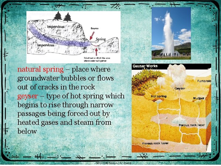 natural spring – place where groundwater bubbles or flows out of cracks in the
