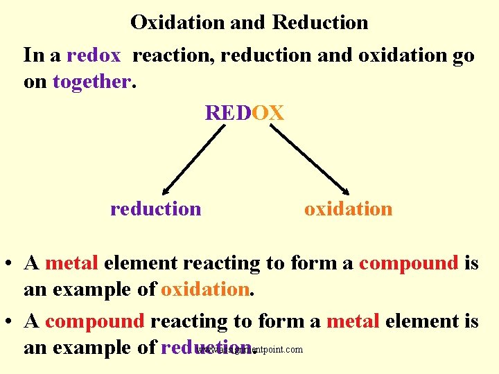Oxidation and Reduction In a redox reaction, reduction and oxidation go on together. REDOX