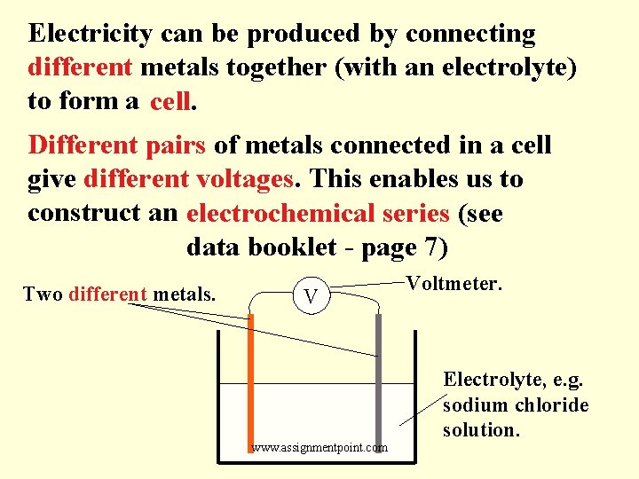 Electricity can be produced by connecting different metals together (with an electrolyte) to form