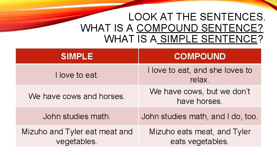 LOOK AT THE SENTENCES. WHAT IS A COMPOUND SENTENCE? WHAT IS A SIMPLE SENTENCE?