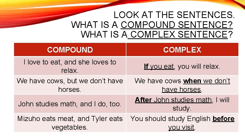 LOOK AT THE SENTENCES. WHAT IS A COMPOUND SENTENCE? WHAT IS A COMPLEX SENTENCE?