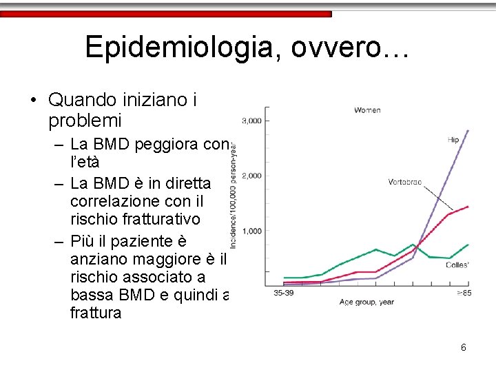 Epidemiologia, ovvero… • Quando iniziano i problemi – La BMD peggiora con l’età –