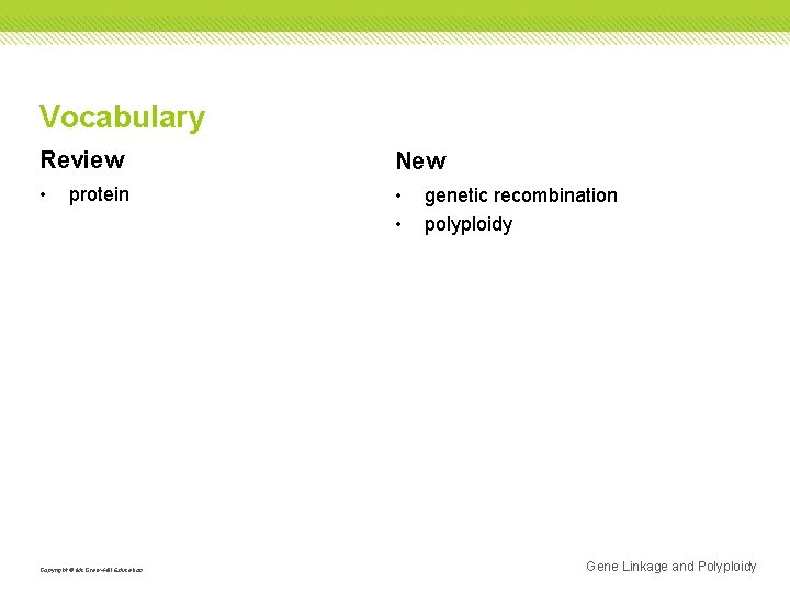 Vocabulary Review New • • • protein Copyright © Mc. Graw-Hill Education genetic recombination Vocabulary Review New • • • protein Copyright © Mc. Graw-Hill Education genetic recombination