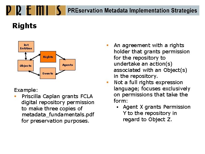 Rights § Int Entities Rights Agents Objects Events § Example: § Priscilla Caplan grants