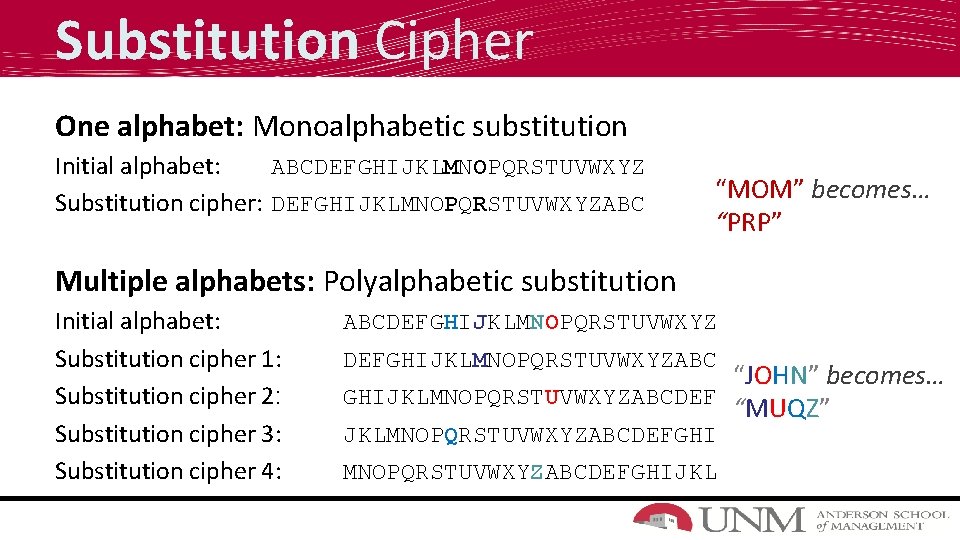 Substitution Cipher One alphabet: Monoalphabetic substitution Initial alphabet: ABCDEFGHIJKLMNOPQRSTUVWXYZ Substitution cipher: DEFGHIJKLMNOPQRSTUVWXYZABC “MOM” becomes…