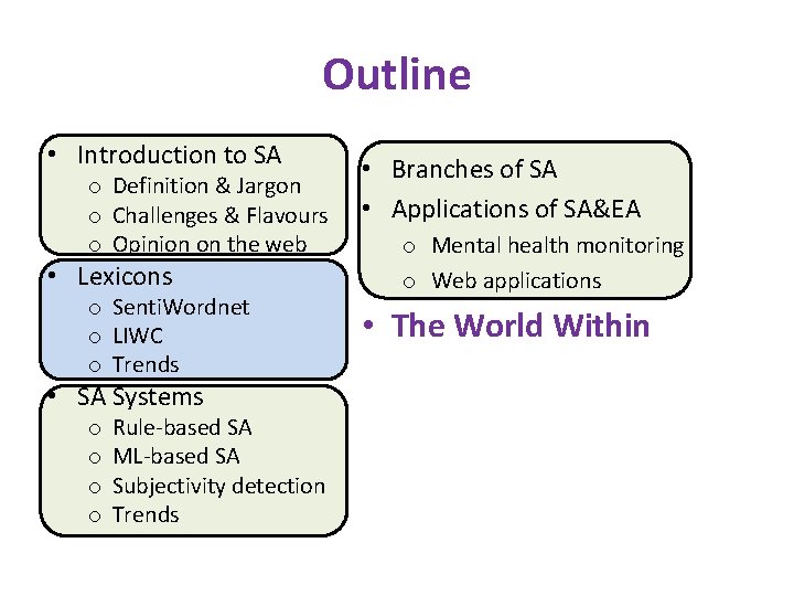 Outline • Introduction to SA o Definition & Jargon o Challenges & Flavours o