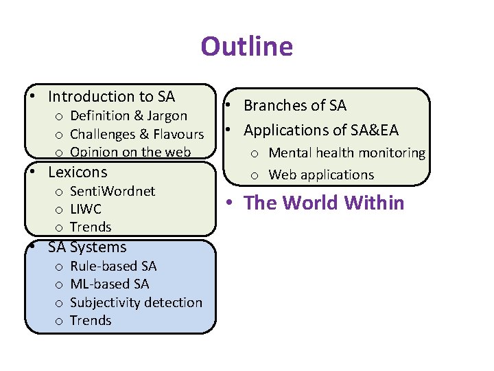 Outline • Introduction to SA o Definition & Jargon o Challenges & Flavours o