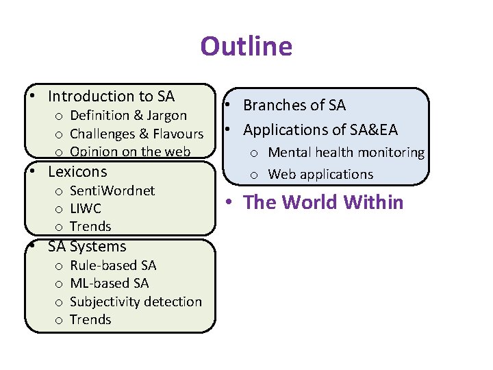 Outline • Introduction to SA o Definition & Jargon o Challenges & Flavours o